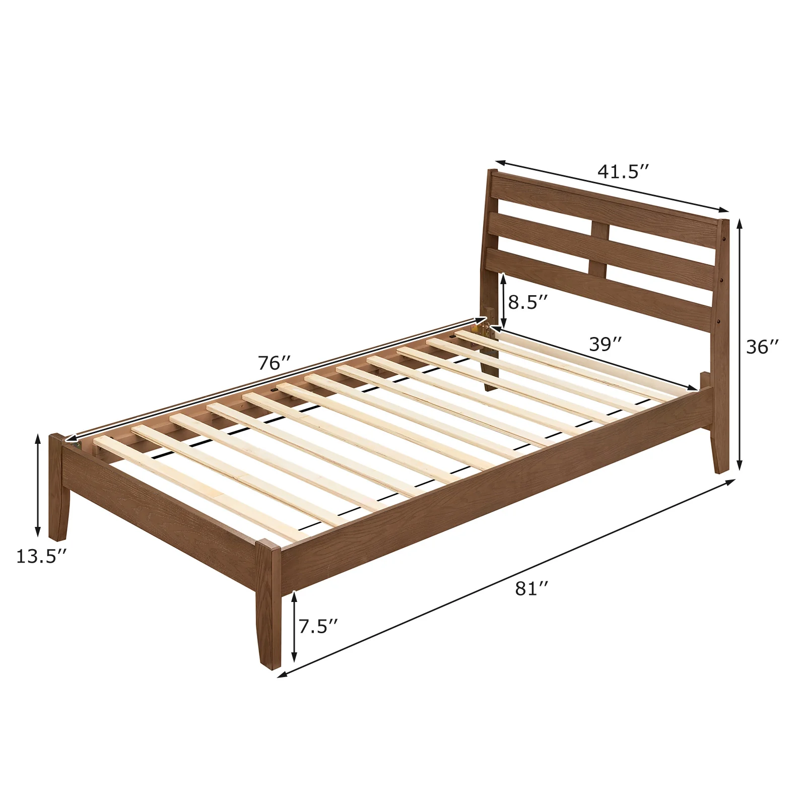 Twin Size Wood Platform Bed Frame, Slat Headboard, Brown - Image 5