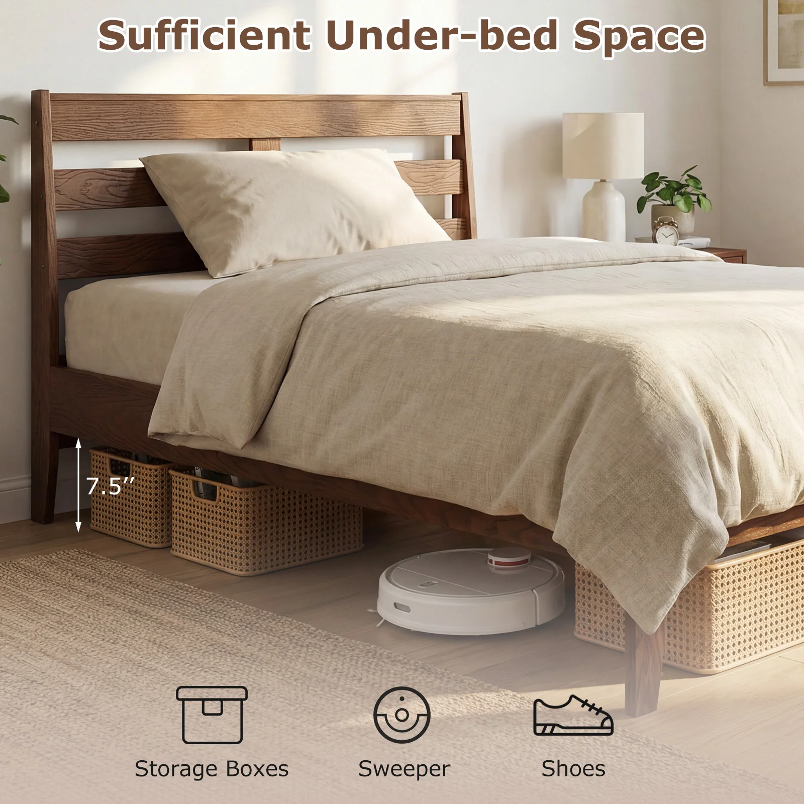 Twin Size Wood Platform Bed Frame, Slat Headboard, Brown - Image 6