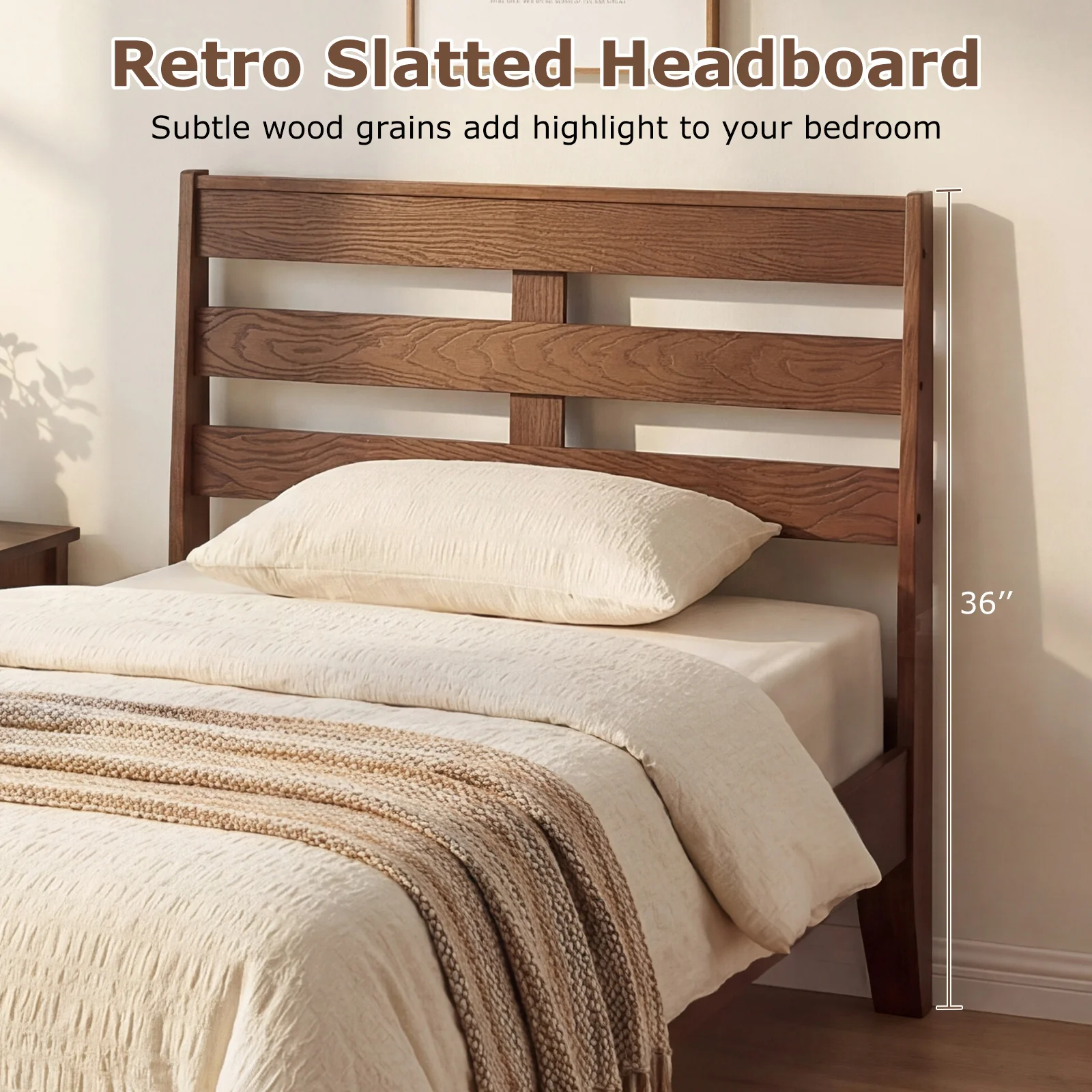 Twin Size Wood Platform Bed Frame, Slat Headboard, Brown - Image 7