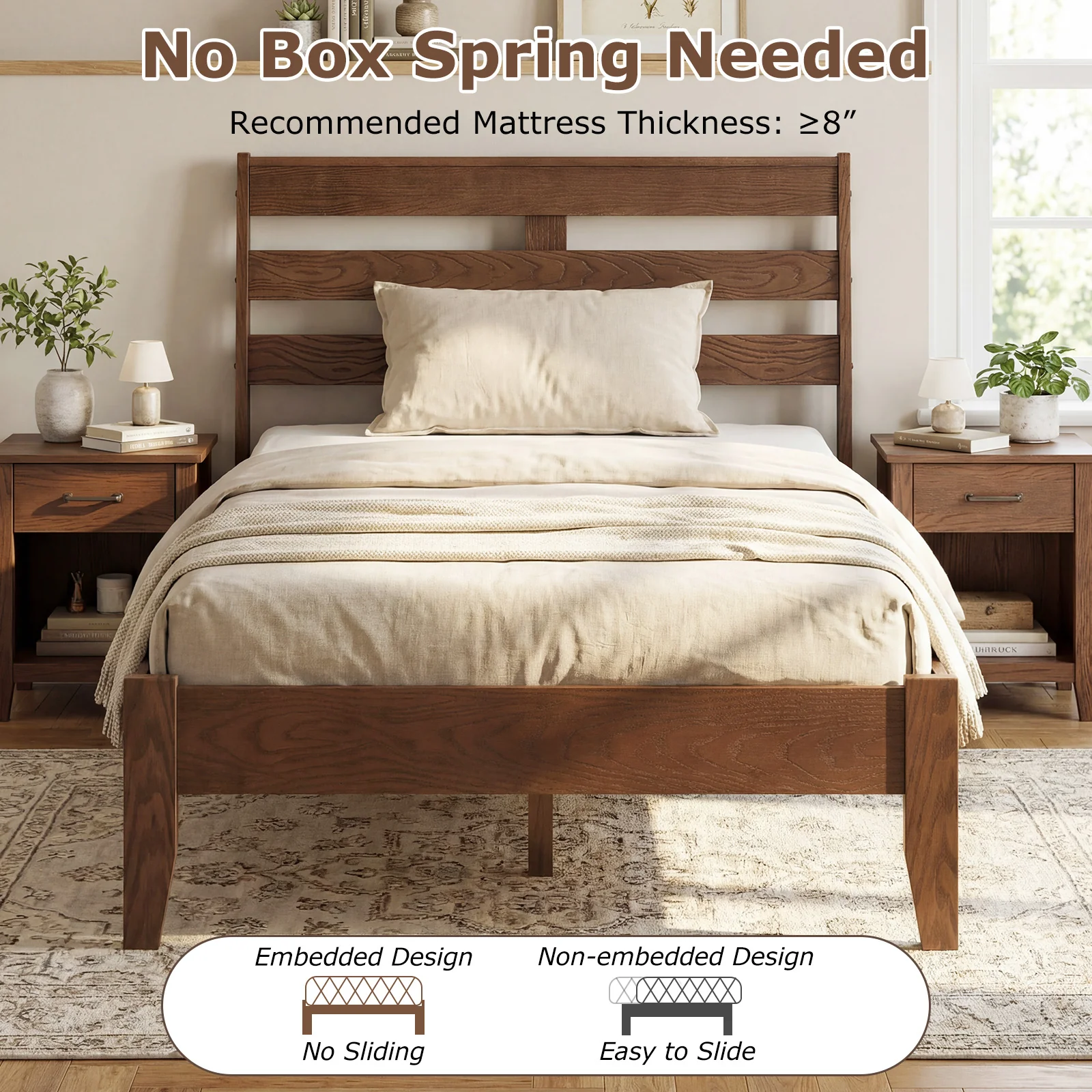 Twin Size Wood Platform Bed Frame, Slat Headboard, Brown - Image 8