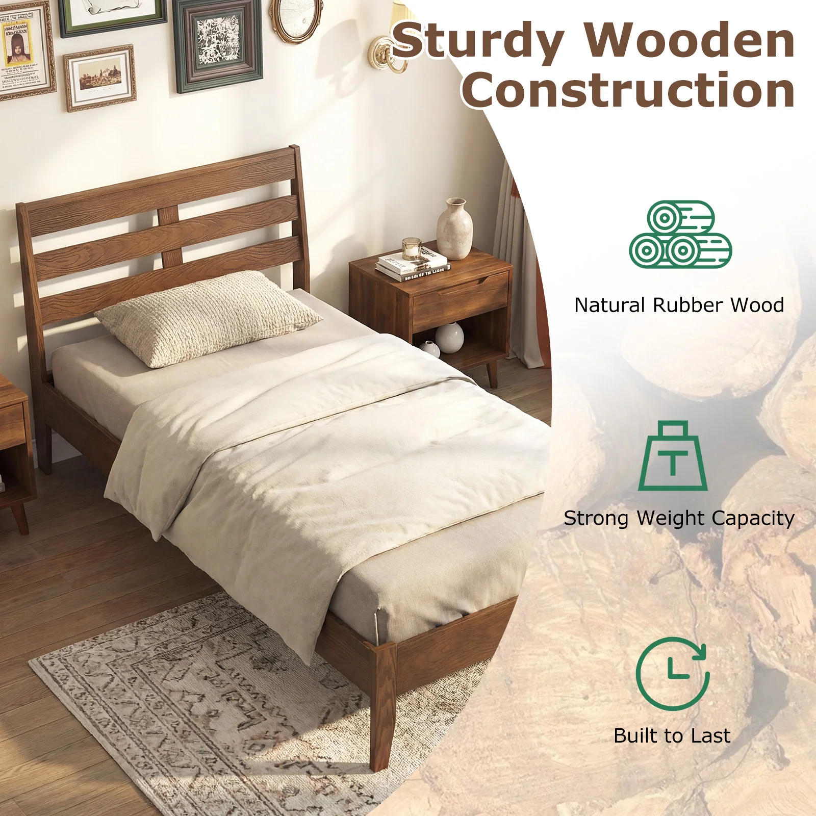 Twin Size Wood Platform Bed Frame, Slat Headboard, Brown - Image 9