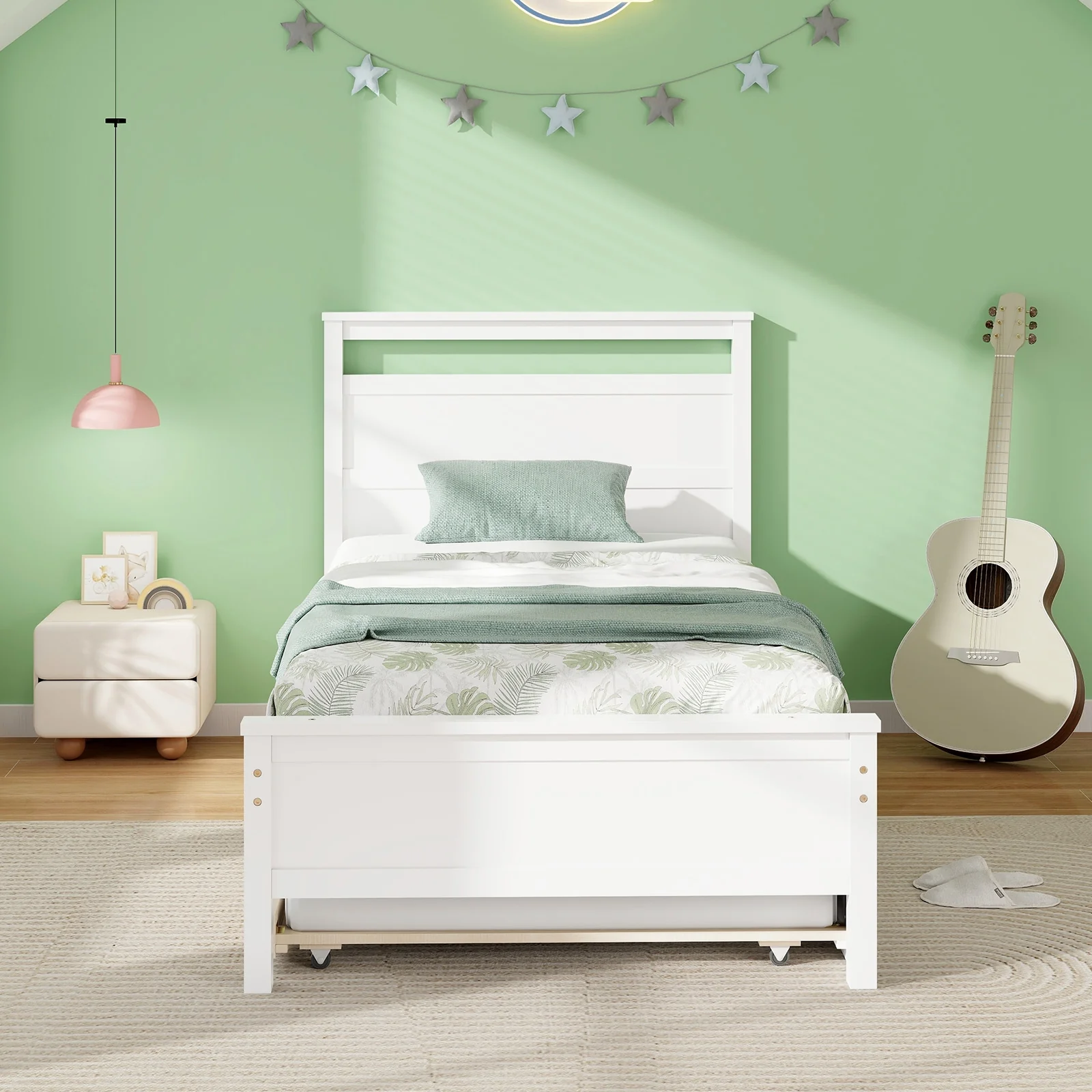 Twin Size Wooden Bed Frame With Trundle, White - Image 3