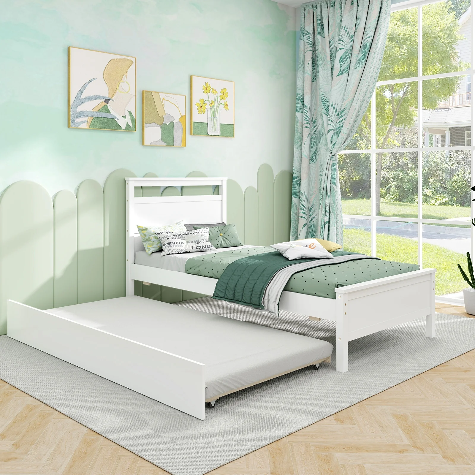 Twin Size Wooden Bed Frame With Trundle, White - Image 7