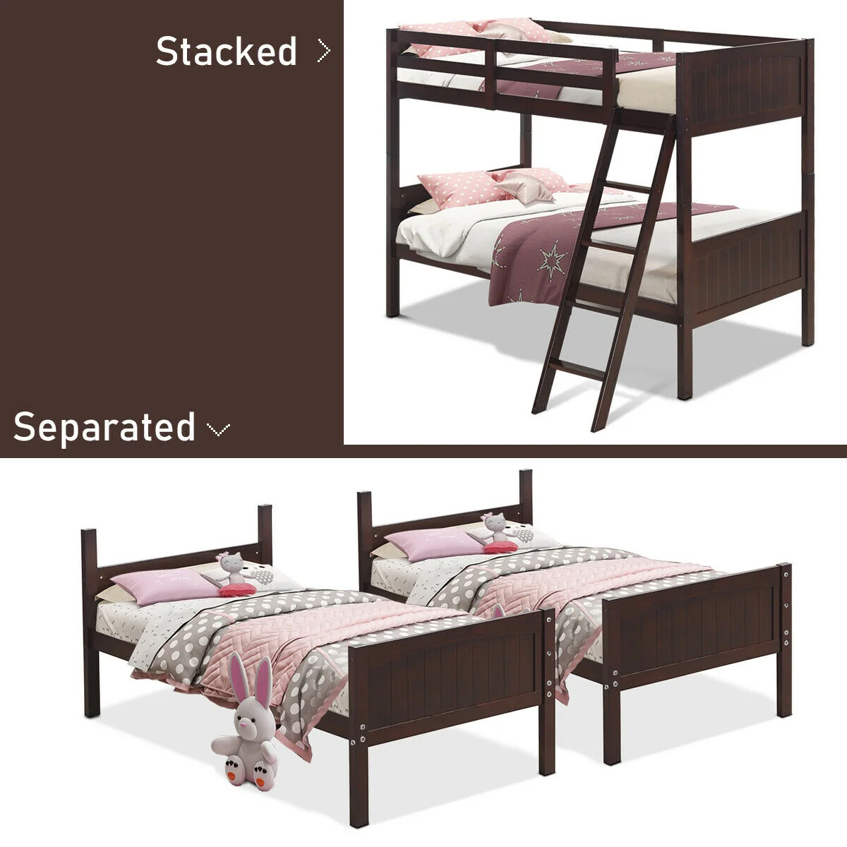 Twin Size Wooden Bunk Beds, Convertible To 2 Beds, Brown - Image 6