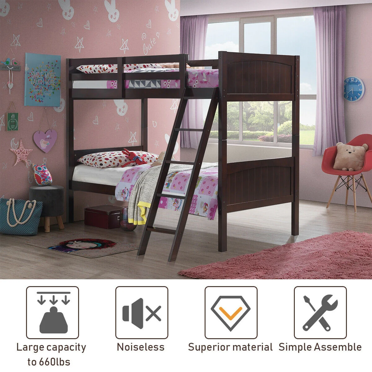 Twin Size Wooden Bunk Beds, Convertible To 2 Beds, Brown - Image 8