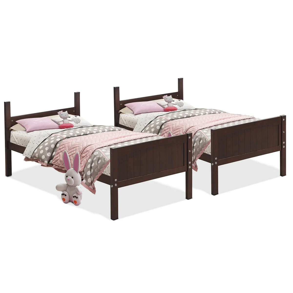 Twin Size Wooden Bunk Beds, Convertible To 2 Beds, Brown - Image 9