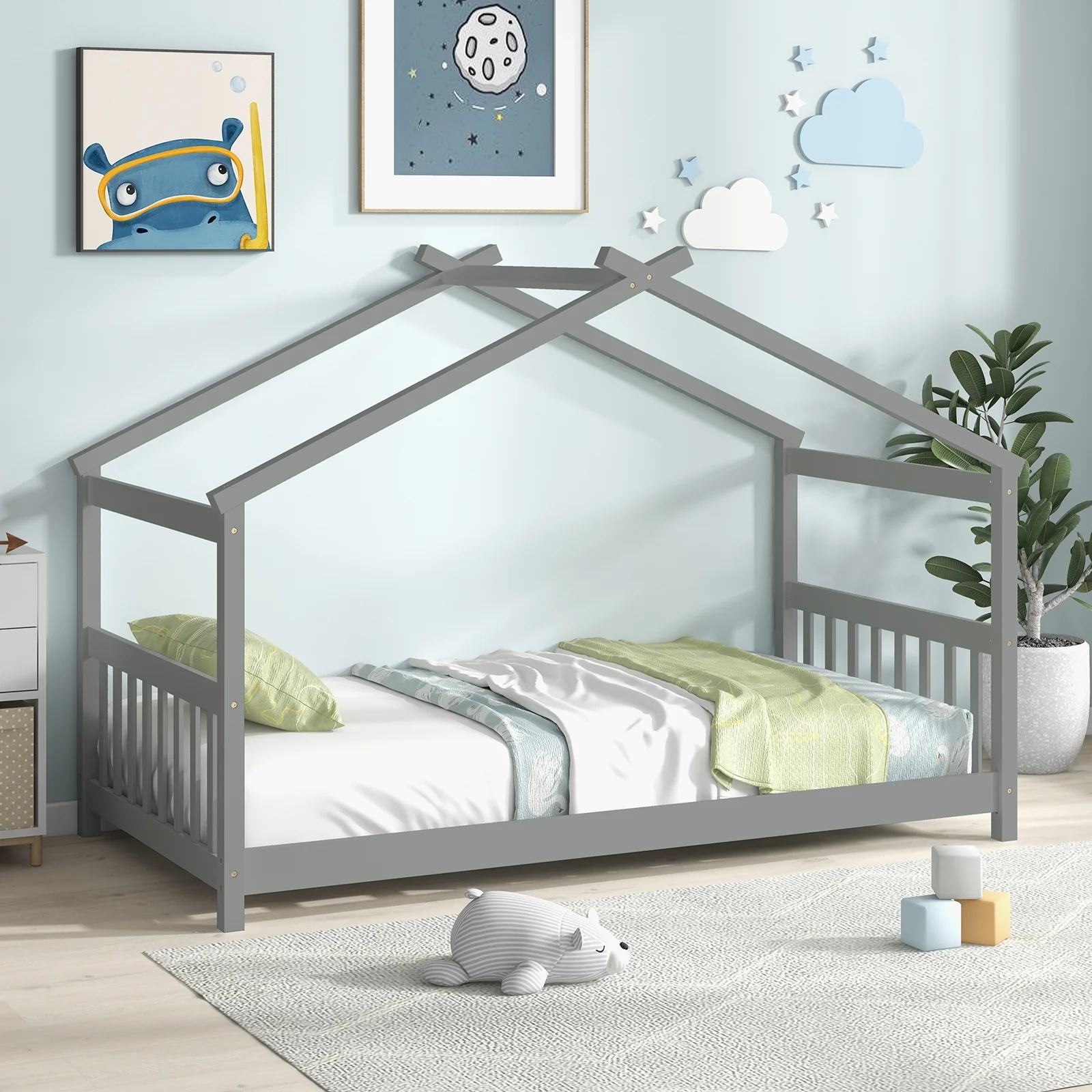 Twin Size Wooden House Bed With Roof, Gray - Image 2