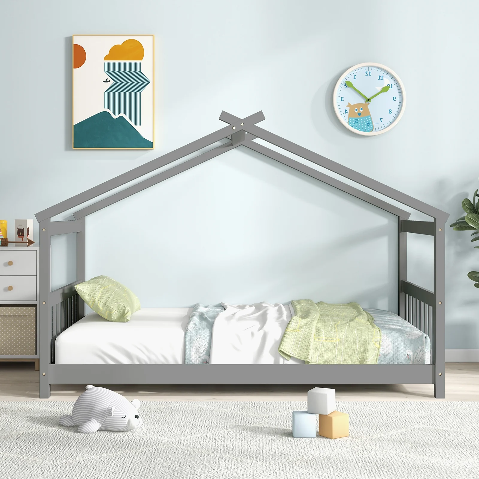 Twin Size Wooden House Bed With Roof, Gray - Image 3