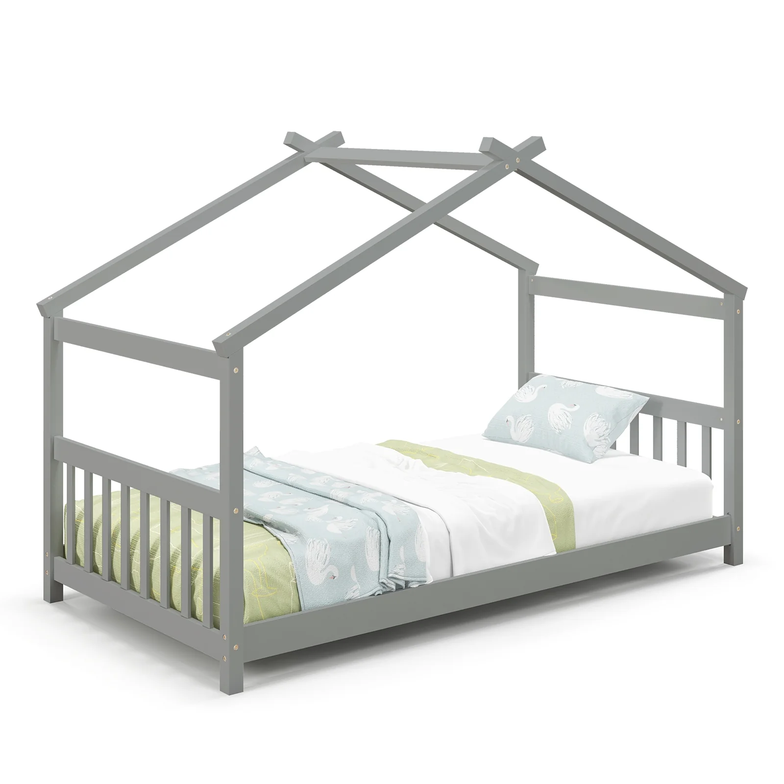 Twin Size Wooden House Bed With Roof, Gray - Image 4