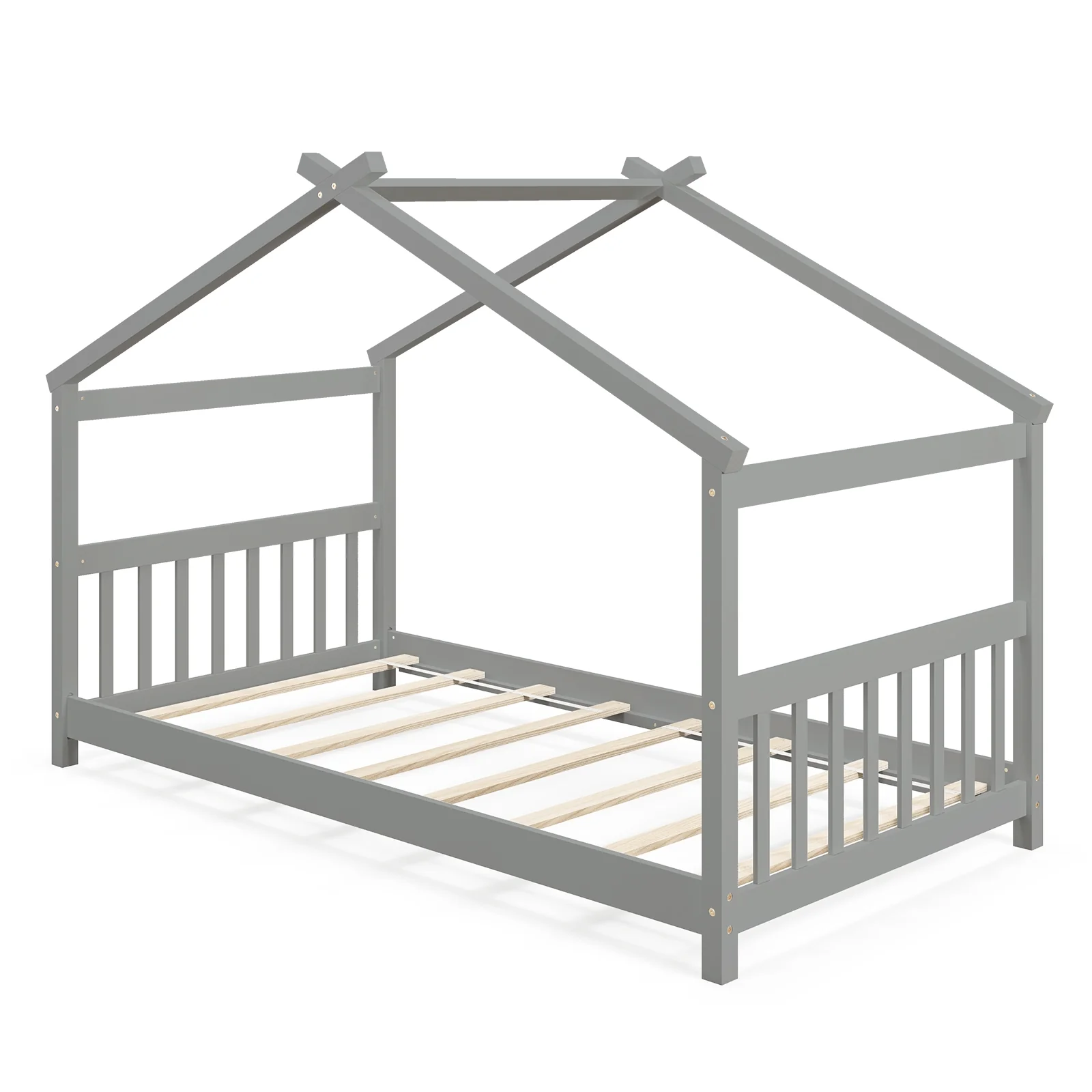 Twin Size Wooden House Bed With Roof, Gray - Image 5
