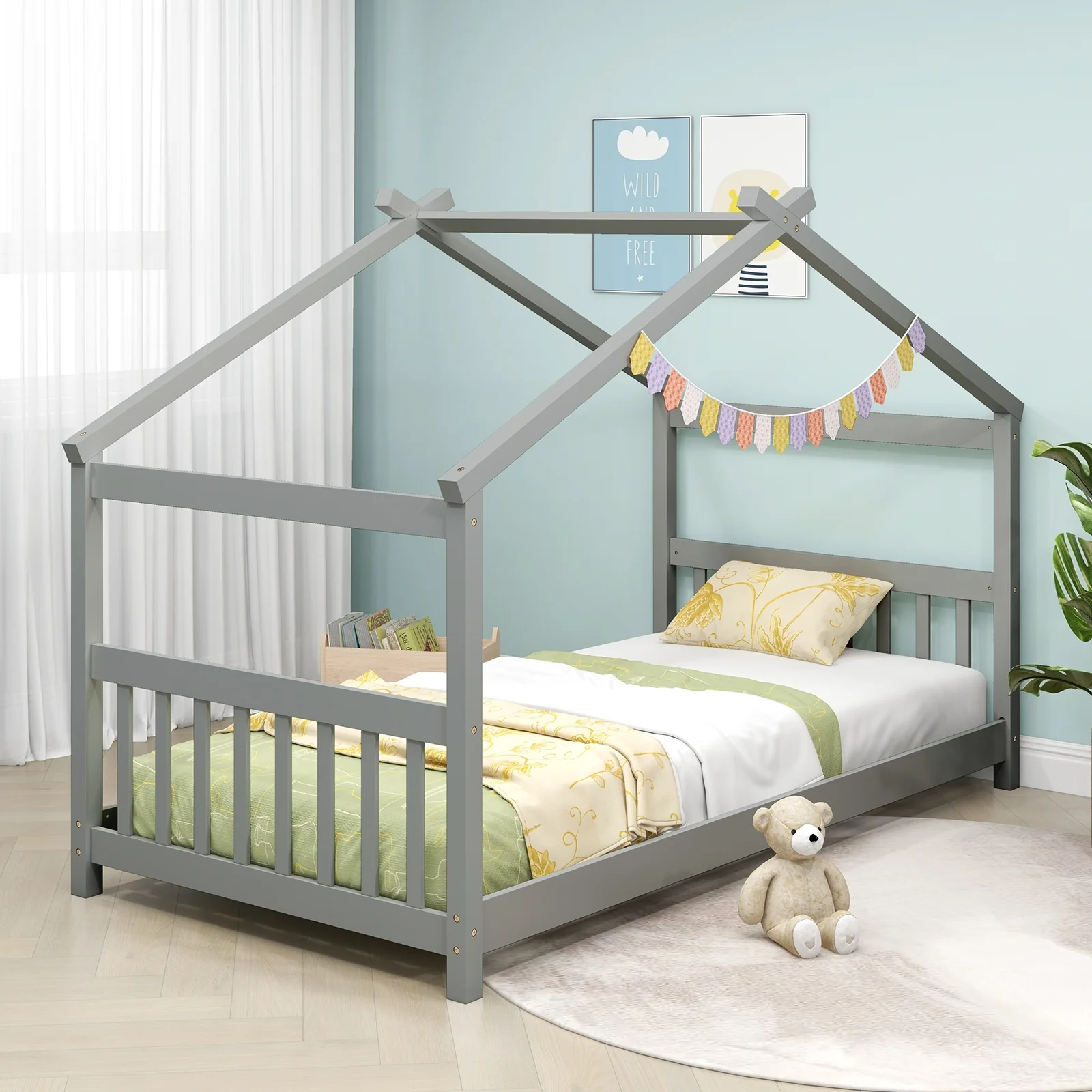 Twin Size Wooden House Bed With Roof, Gray - Image 7