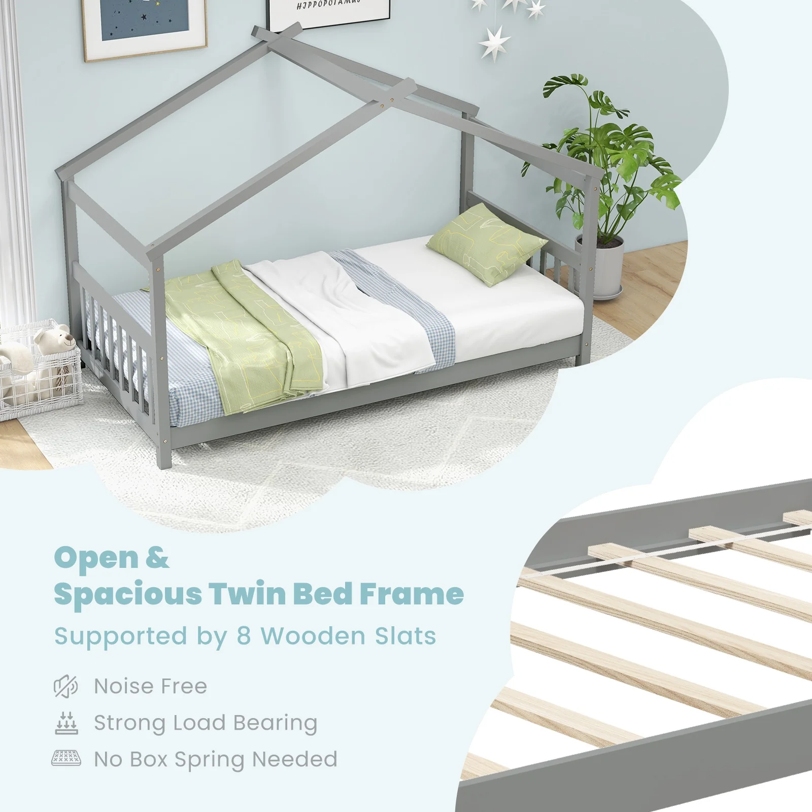 Twin Size Wooden House Bed With Roof, Gray - Image 8