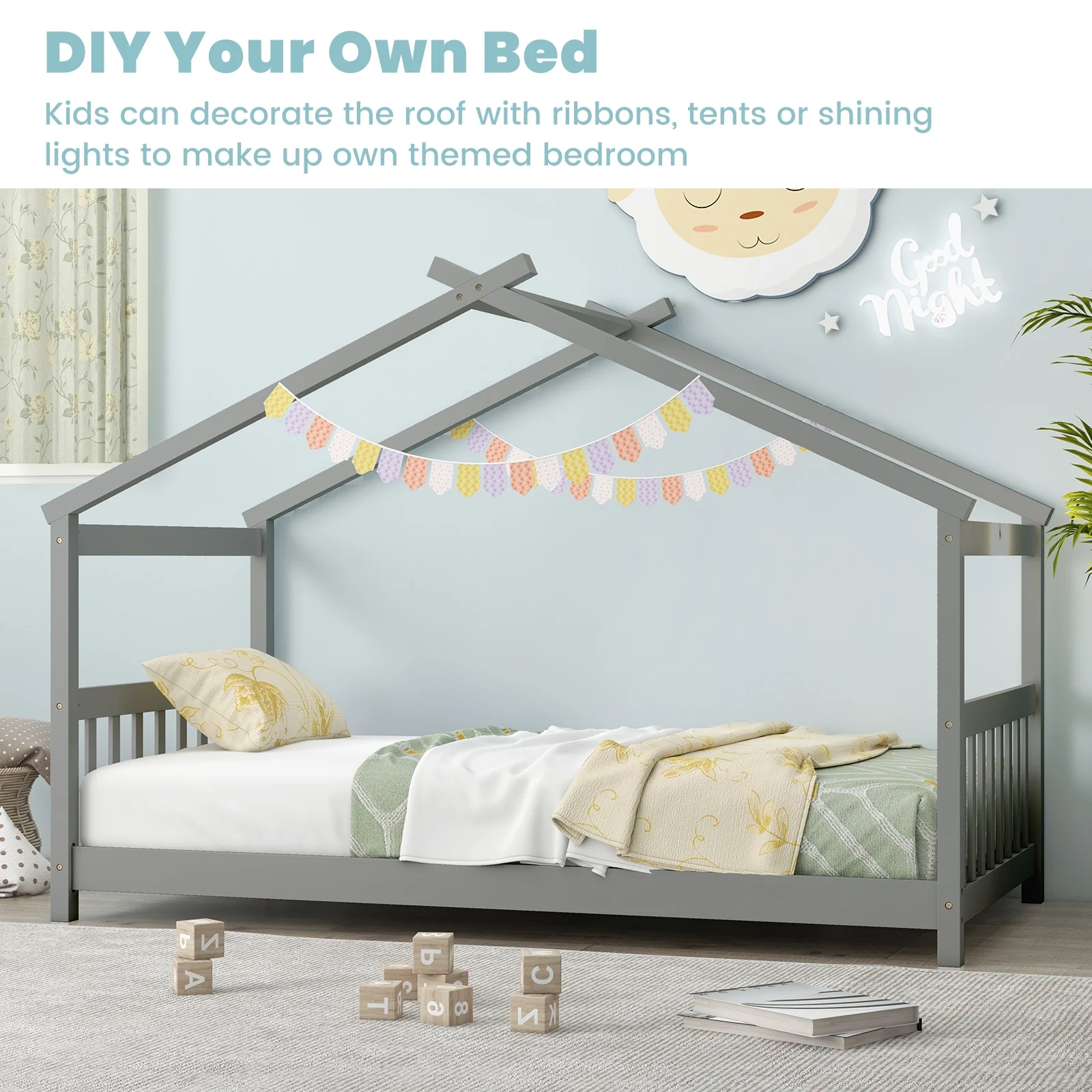 Twin Size Wooden House Bed With Roof, Gray - Image 9