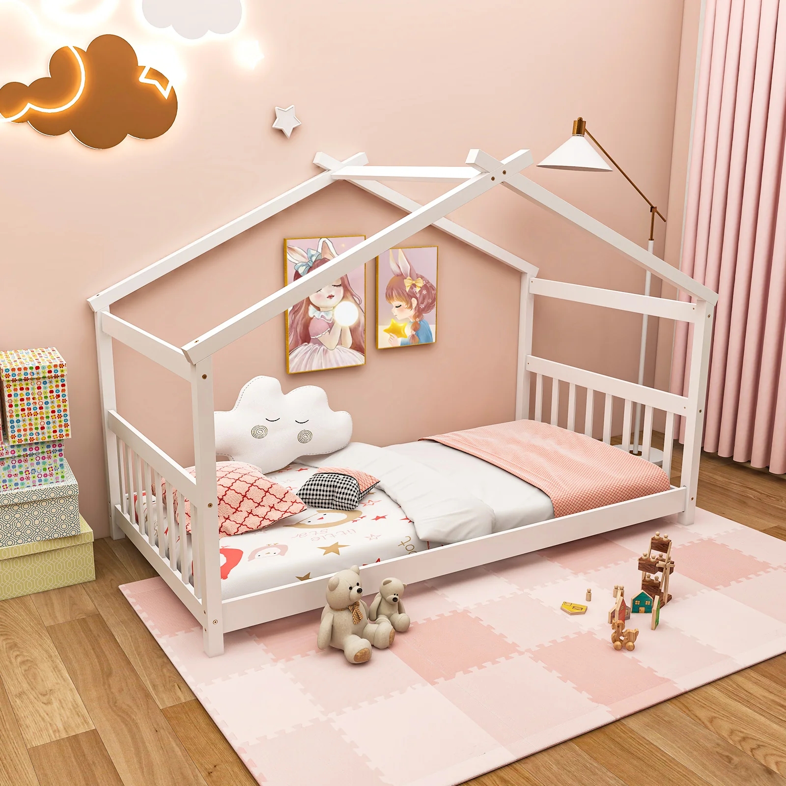 Twin Size Wooden House Bed With Roof, White - Image 2