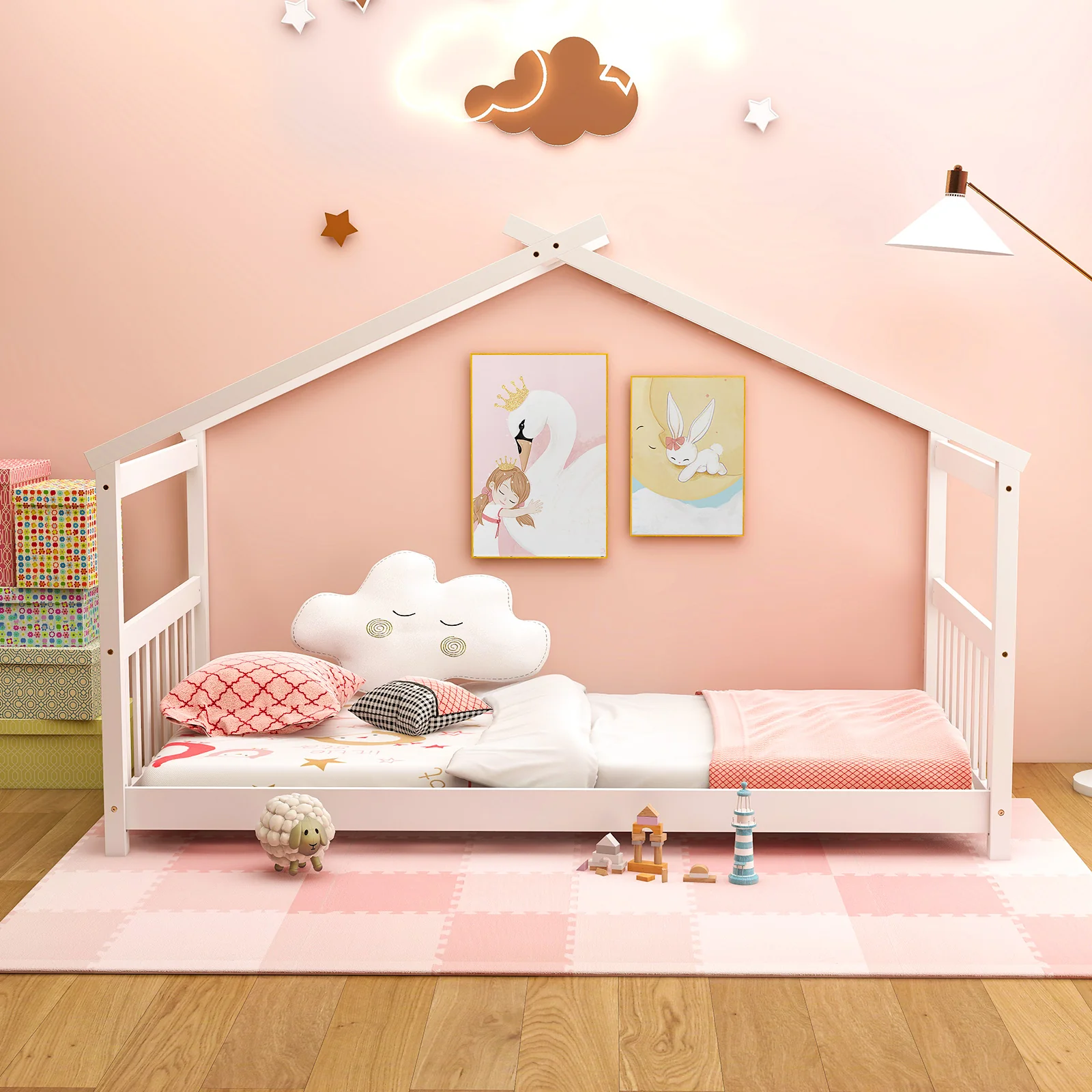 Twin Size Wooden House Bed With Roof, White - Image 3