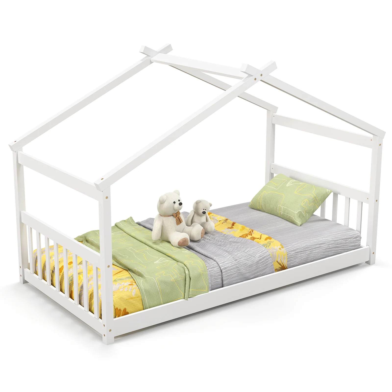 Twin Size Wooden House Bed With Roof, White - Image 5