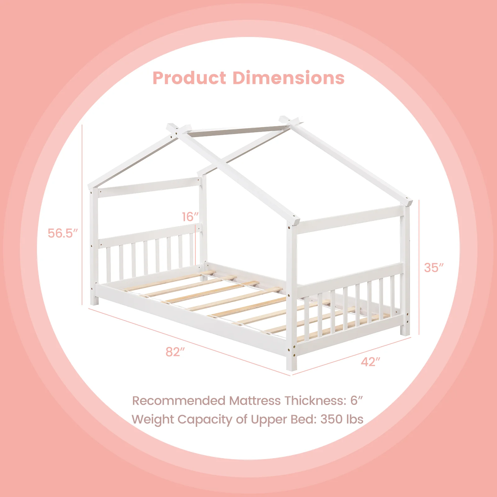 Twin Size Wooden House Bed With Roof, White - Image 6