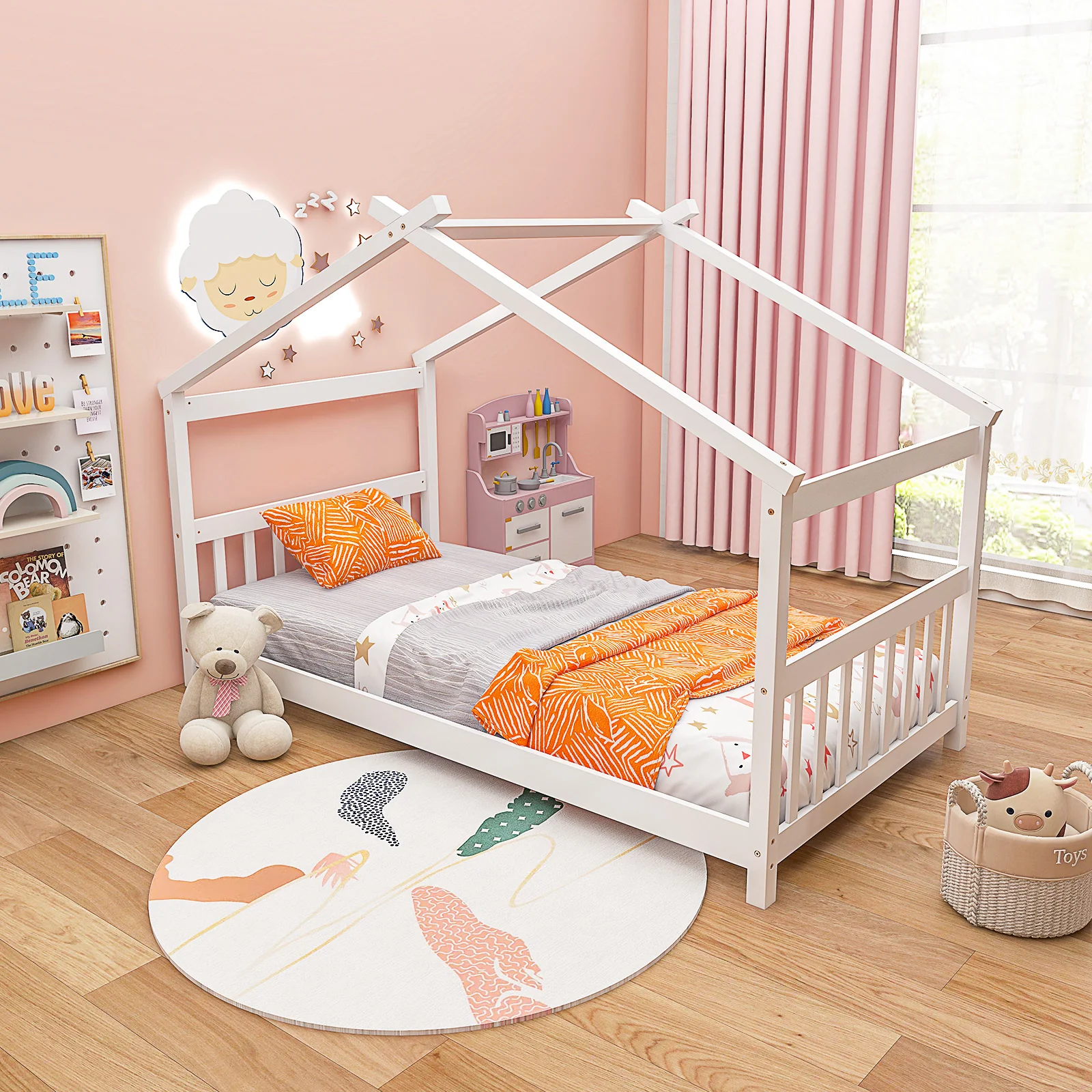 Twin Size Wooden House Bed With Roof, White - Image 7