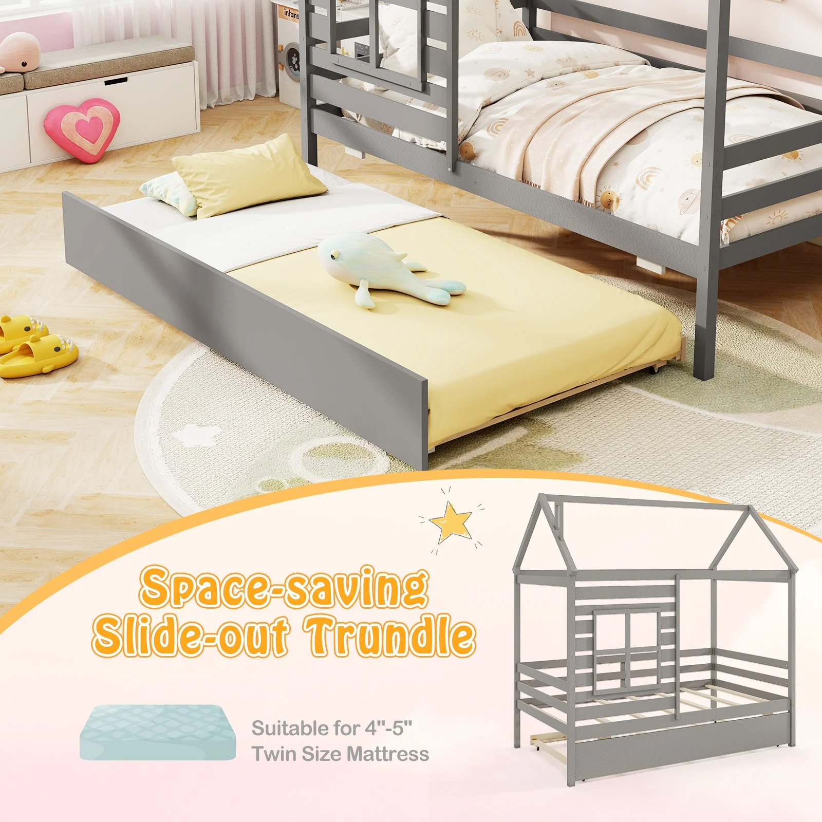 Twin Size Wooden Platform House Bed With Trundle, Gray - Image 7
