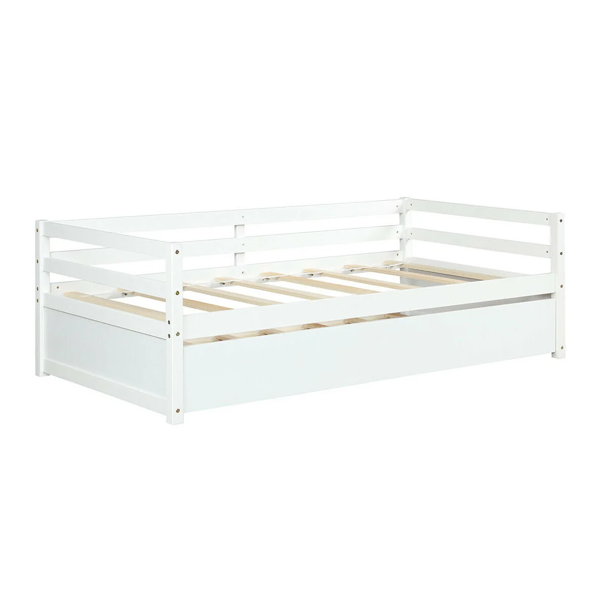 Twin Size Wooden Slat Trundle Platform Bed, White - Image 10