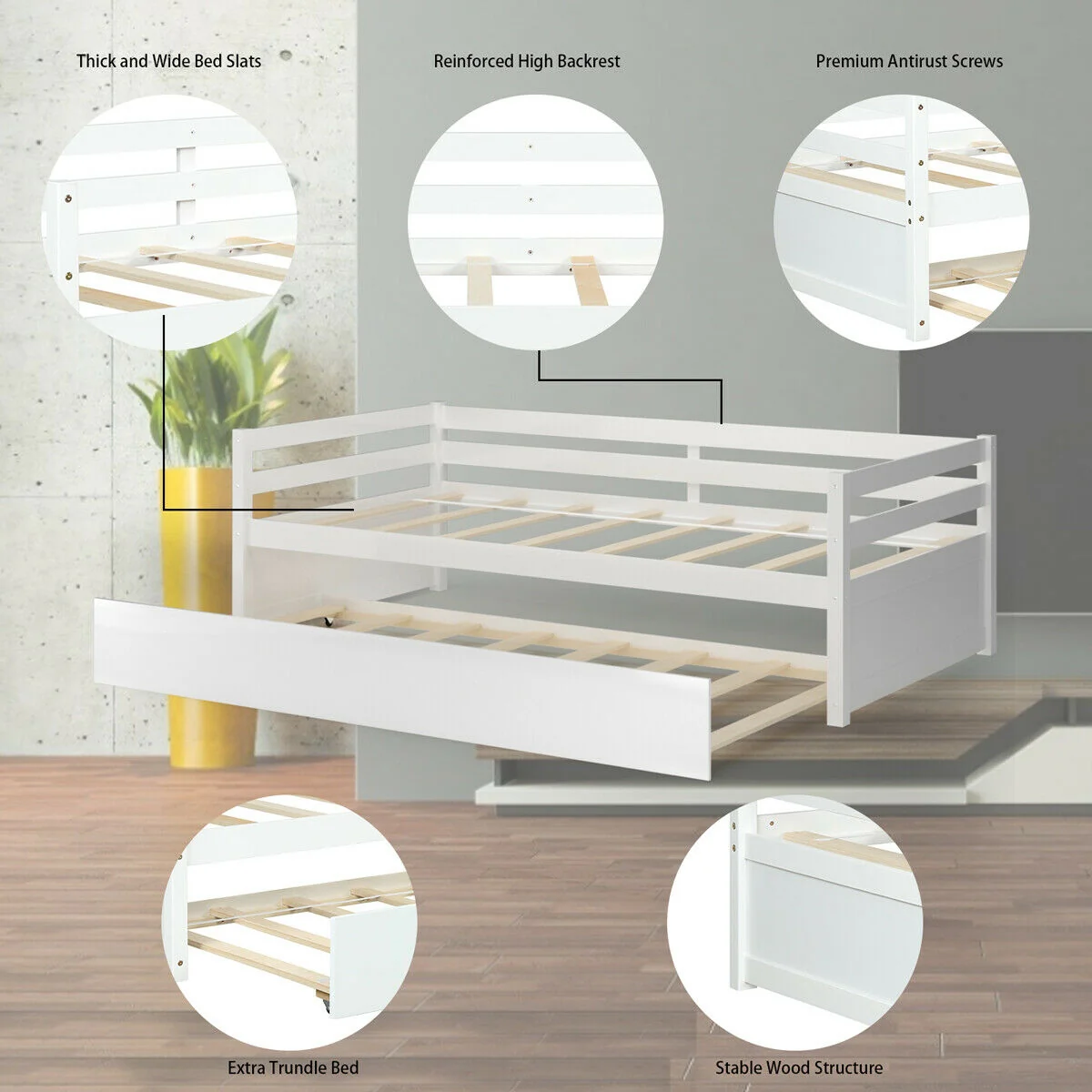 Twin Size Wooden Slat Trundle Platform Bed, White - Image 6