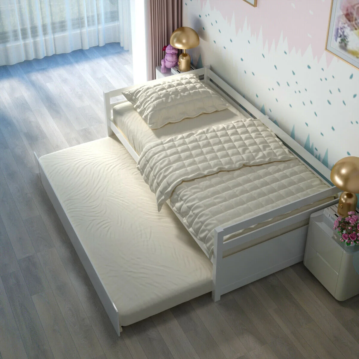 Twin Size Wooden Slat Trundle Platform Bed, White - Image 8