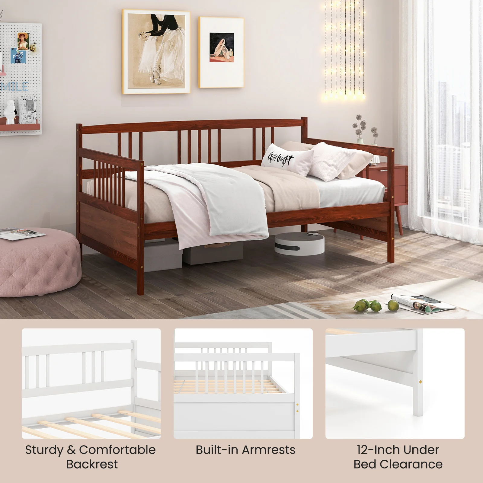 Twin Size Wooden Slats Daybed With Rails, Rustic Brown - Image 10