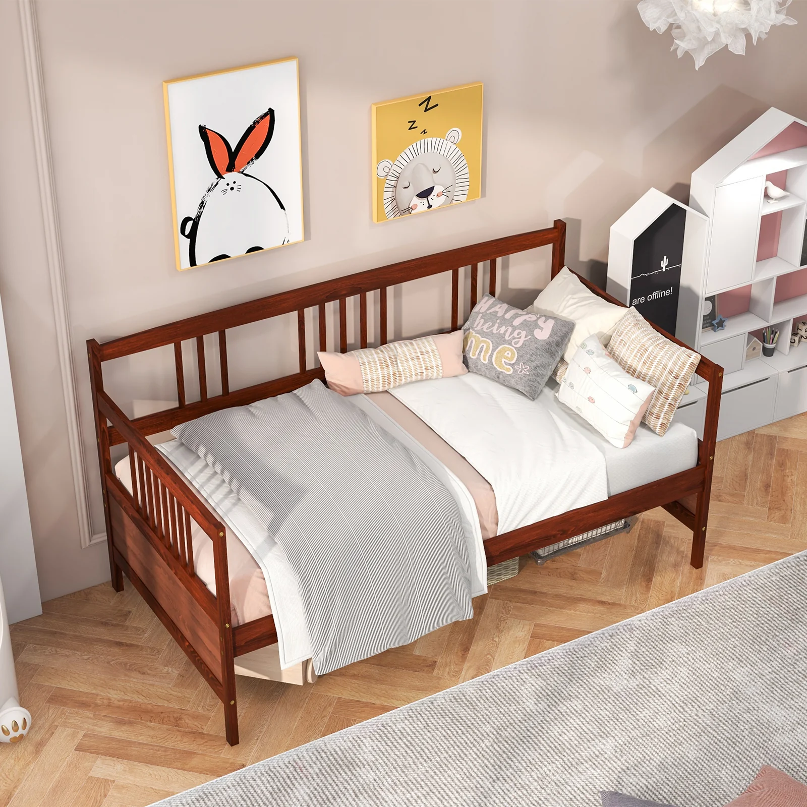 Twin Size Wooden Slats Daybed With Rails, Rustic Brown - Image 2