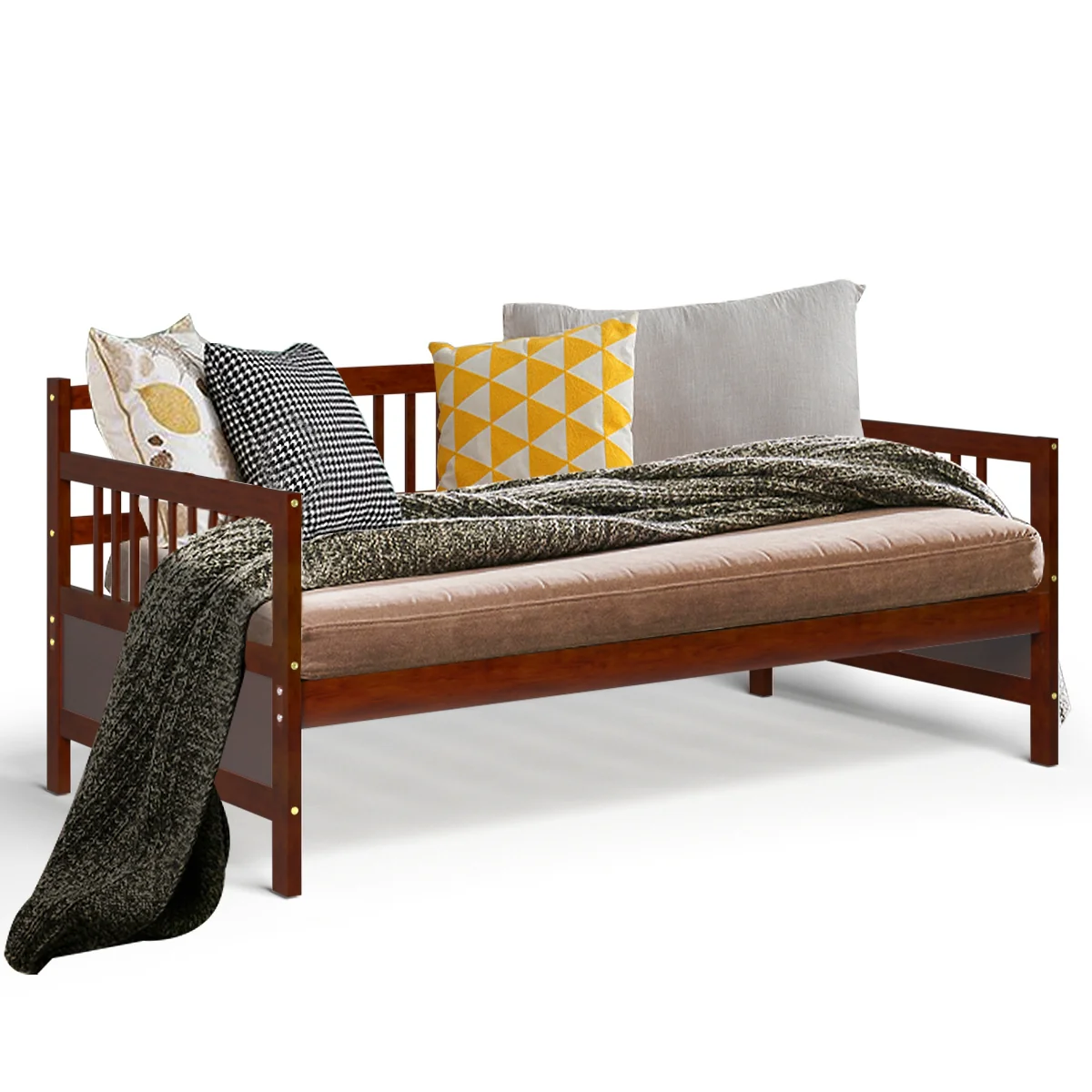 Twin Size Wooden Slats Daybed With Rails, Rustic Brown - Image 5