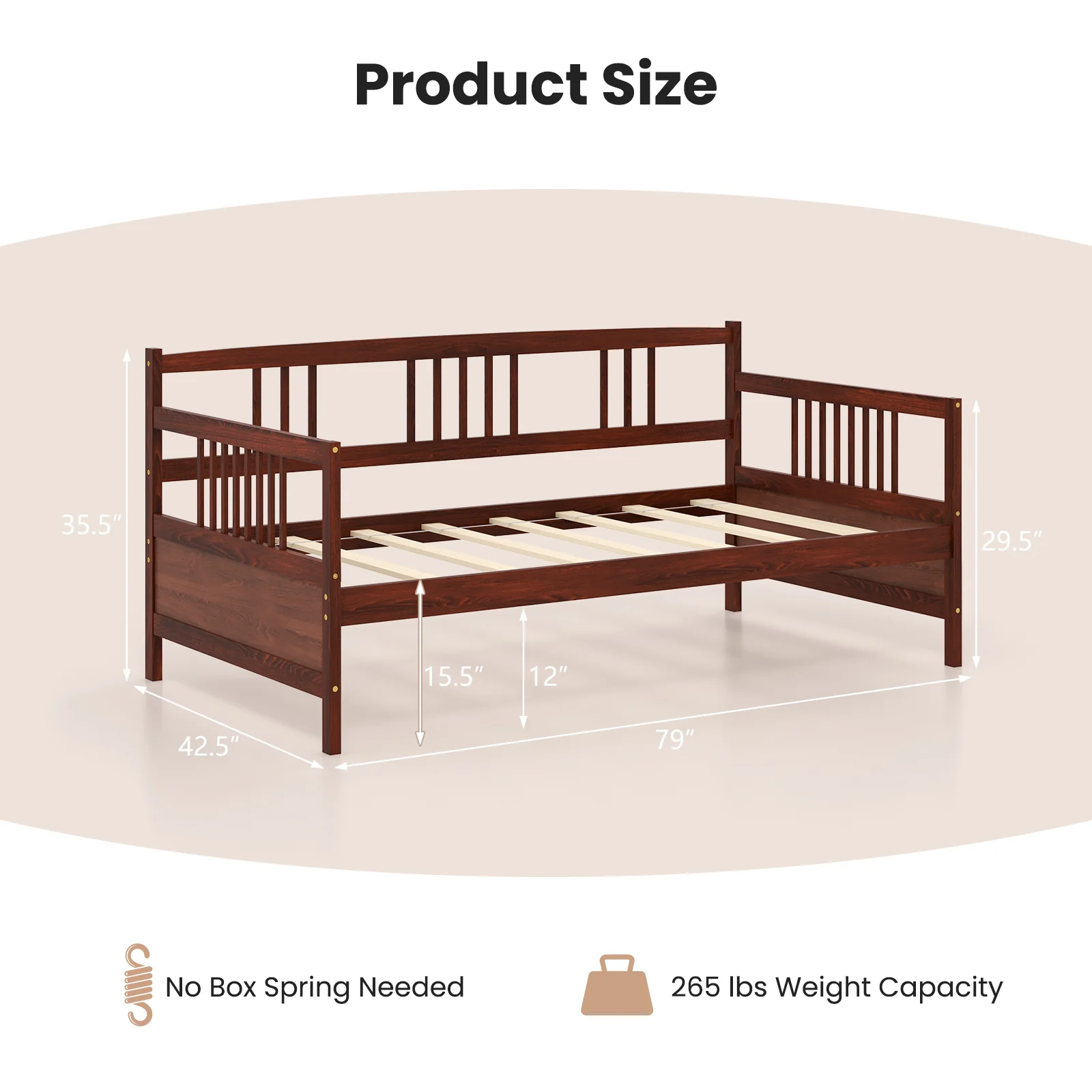 Twin Size Wooden Slats Daybed With Rails, Rustic Brown - Image 6