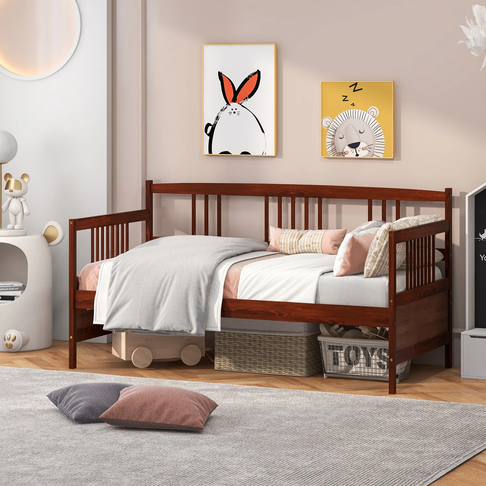 Twin Size Wooden Slats Daybed With Rails, Rustic Brown - Image 7