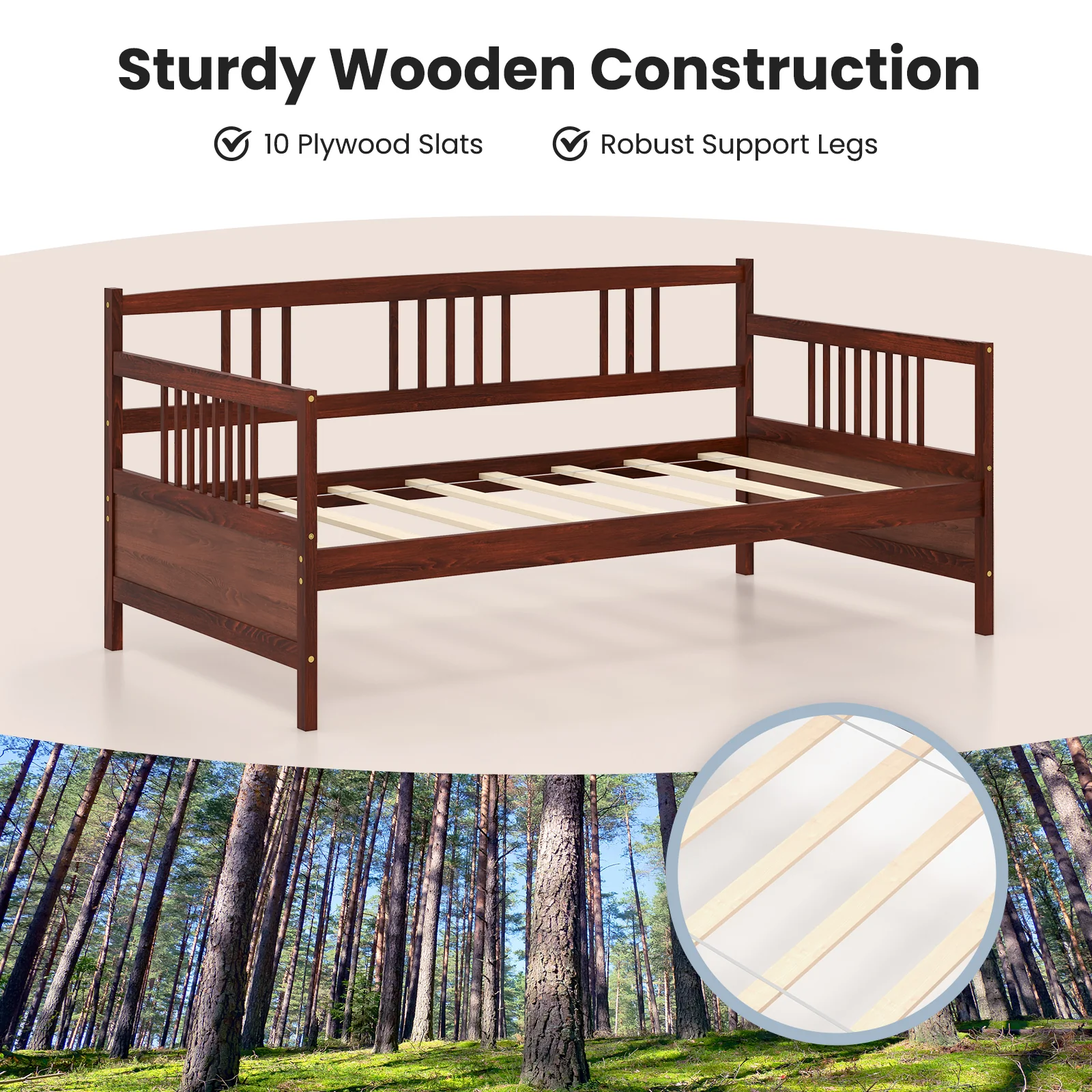 Twin Size Wooden Slats Daybed With Rails, Rustic Brown - Image 8