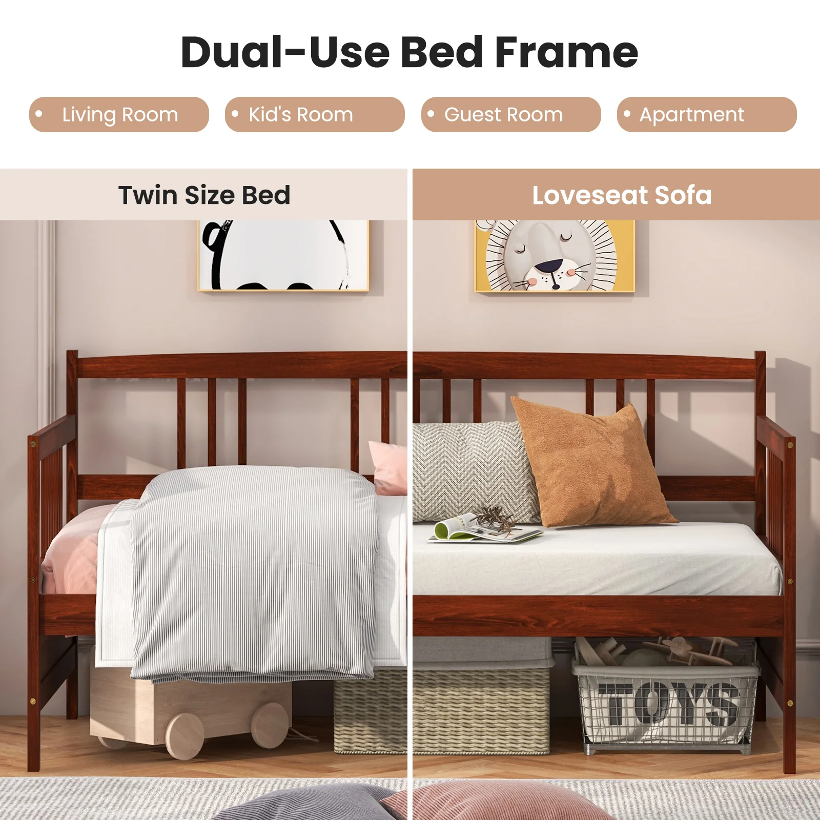 Twin Size Wooden Slats Daybed With Rails, Rustic Brown - Image 9
