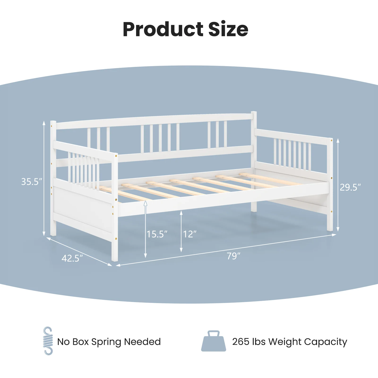 Twin Size Wooden Slats Daybed With Rails, White - Image 6