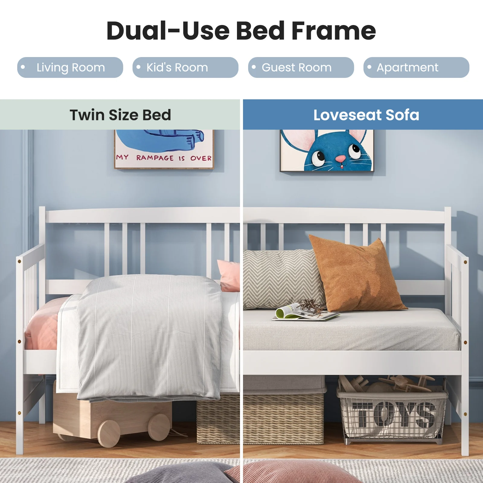 Twin Size Wooden Slats Daybed With Rails, White - Image 9