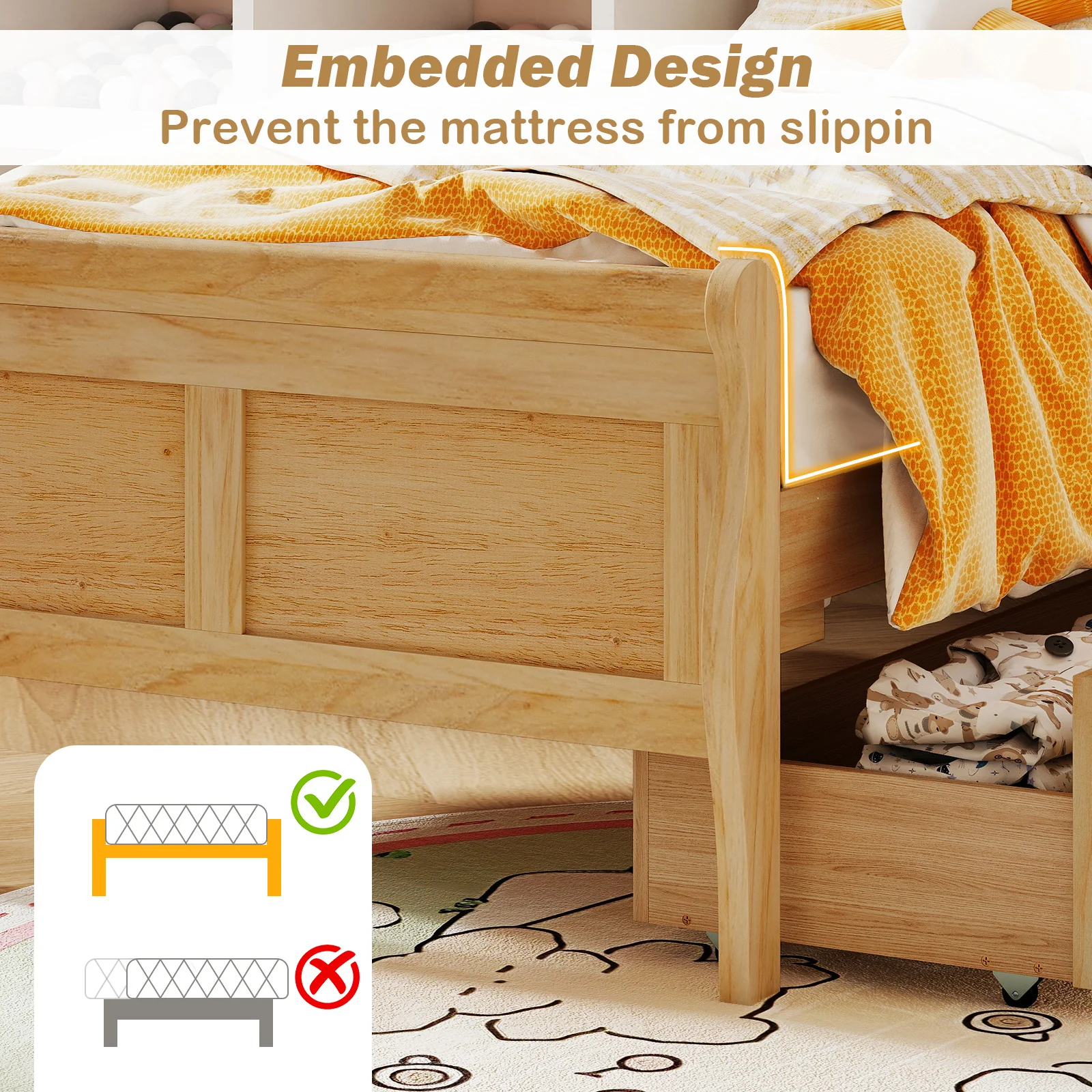 Twin Sleigh Bed With 2 Storage Drawers, Wood Platform Frame, Natural - Image 10