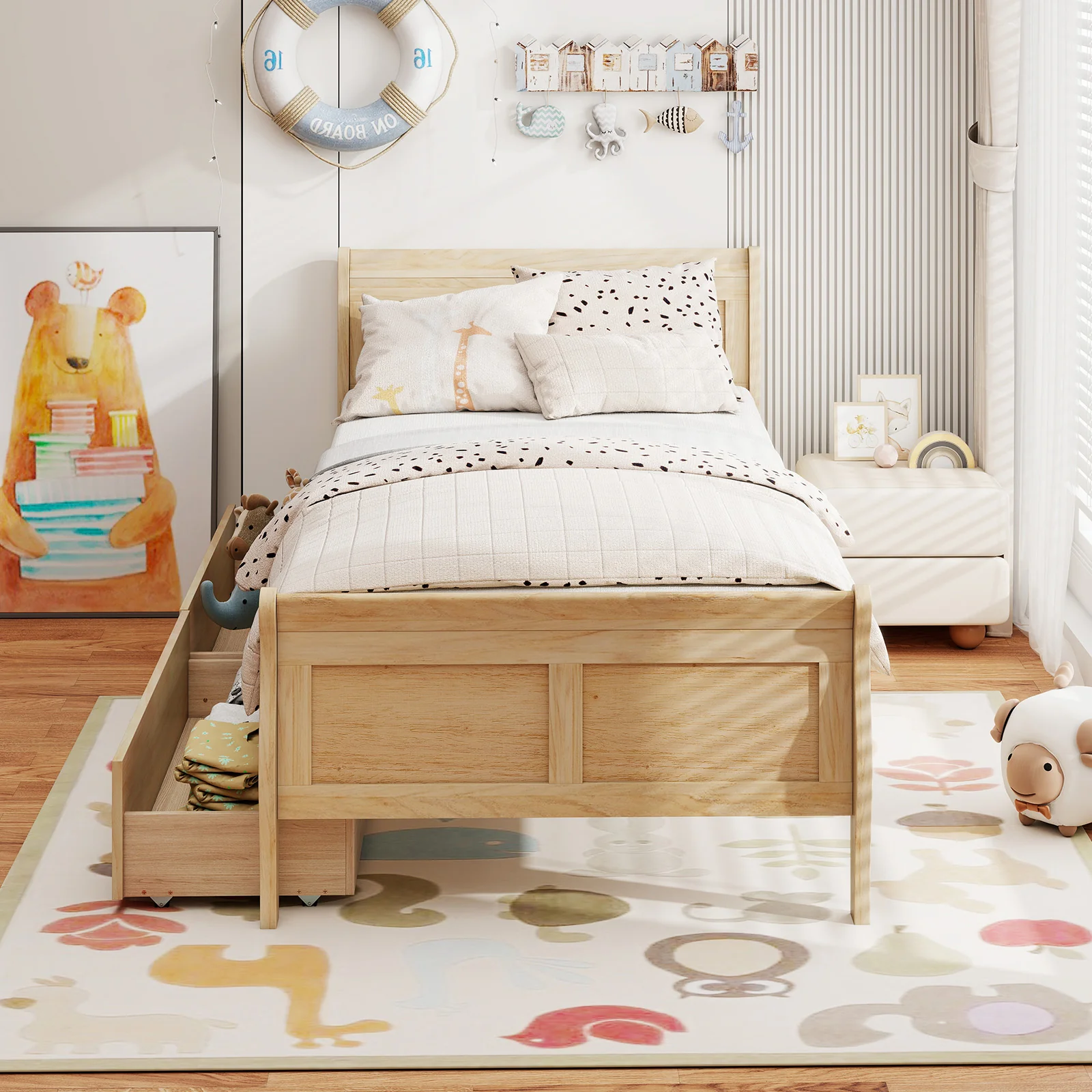Twin Sleigh Bed With 2 Storage Drawers, Wood Platform Frame, Natural - Image 3