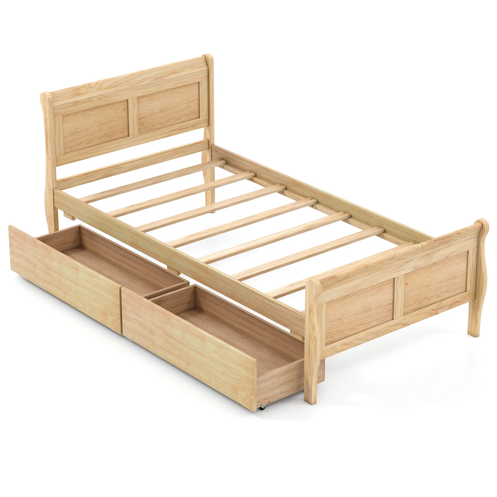 Twin Sleigh Bed With 2 Storage Drawers, Wood Platform Frame, Natural - Image 4