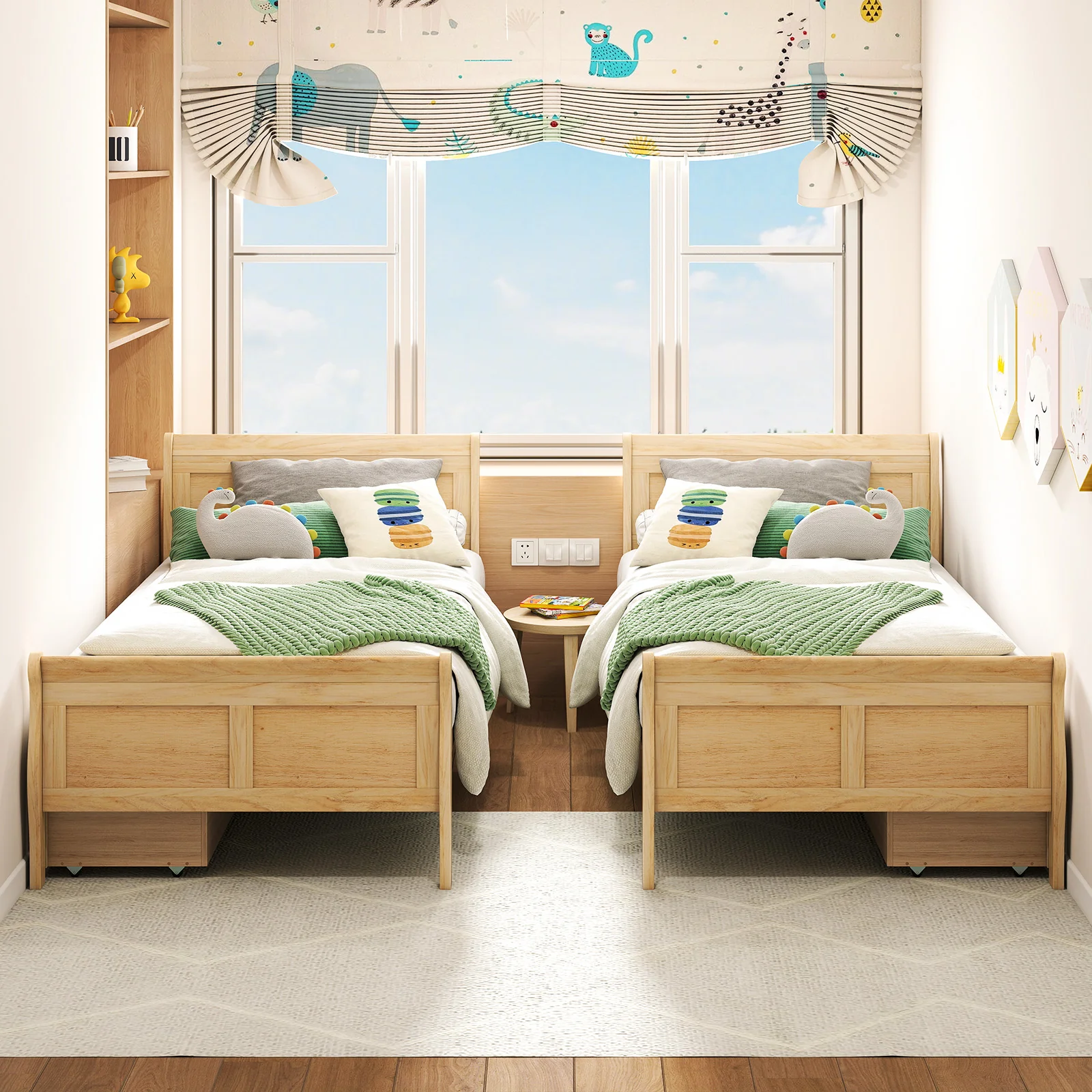 Twin Sleigh Bed With 2 Storage Drawers, Wood Platform Frame, Natural - Image 6