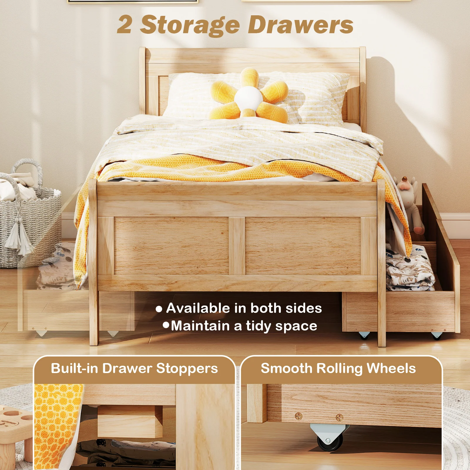 Twin Sleigh Bed With 2 Storage Drawers, Wood Platform Frame, Natural - Image 9