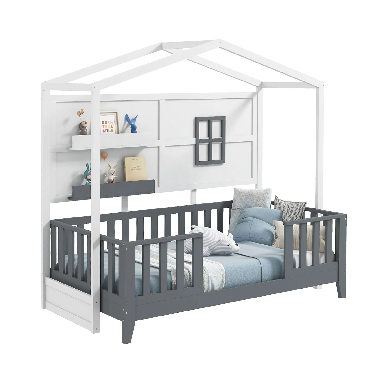 Twin Wood House Bed, Montessori Floor Bed, 2 Shelves, Guardrails, White, Gray