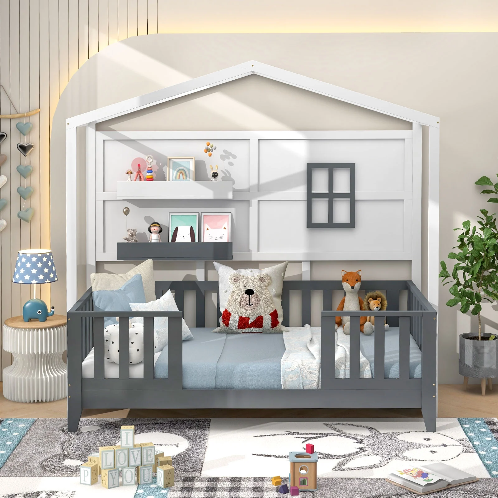 Twin Wood House Bed, Montessori Floor Bed, 2 Shelves, Guardrails, White, Gray - Image 3