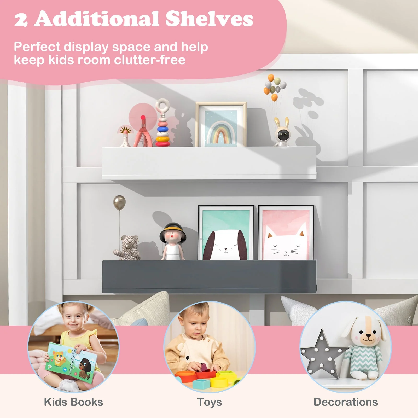 Twin Wood House Bed, Montessori Floor Bed, 2 Shelves, Guardrails, White, Gray - Image 9
