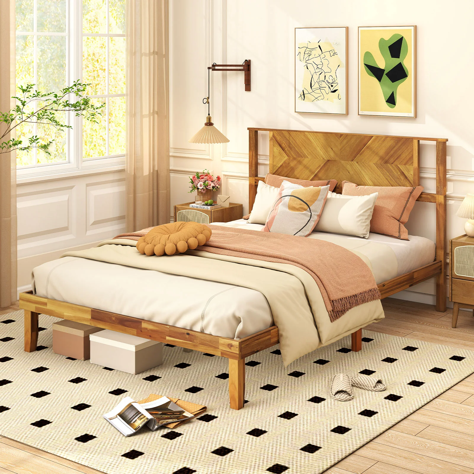 Twin/Full/Queen Size Bed Frame Mid-Century Acacia Wood Platform Bed with Headboard-Full Size - Image 2