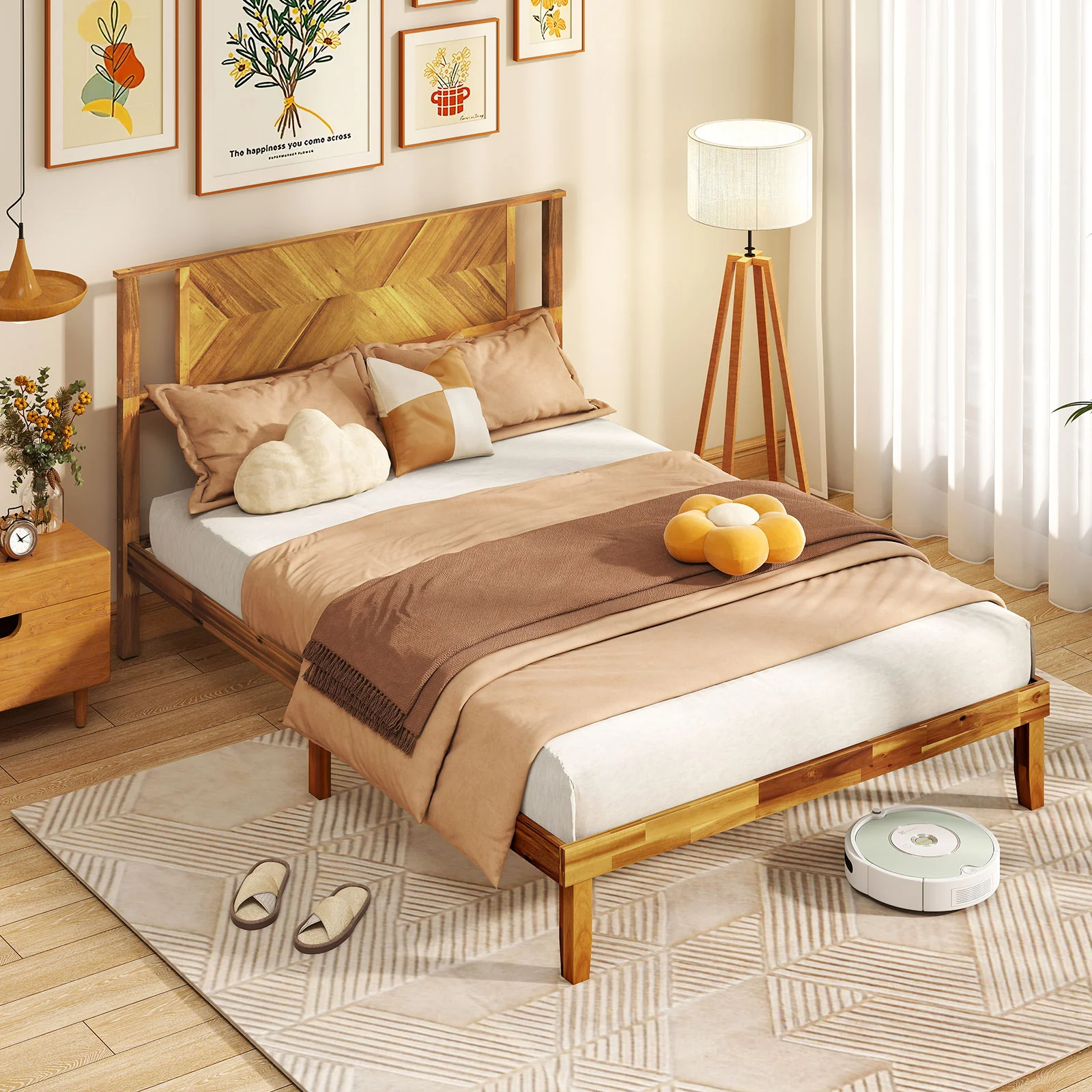 Twin/Full/Queen Size Bed Frame Mid-Century Acacia Wood Platform Bed with Headboard-Full Size - Image 3