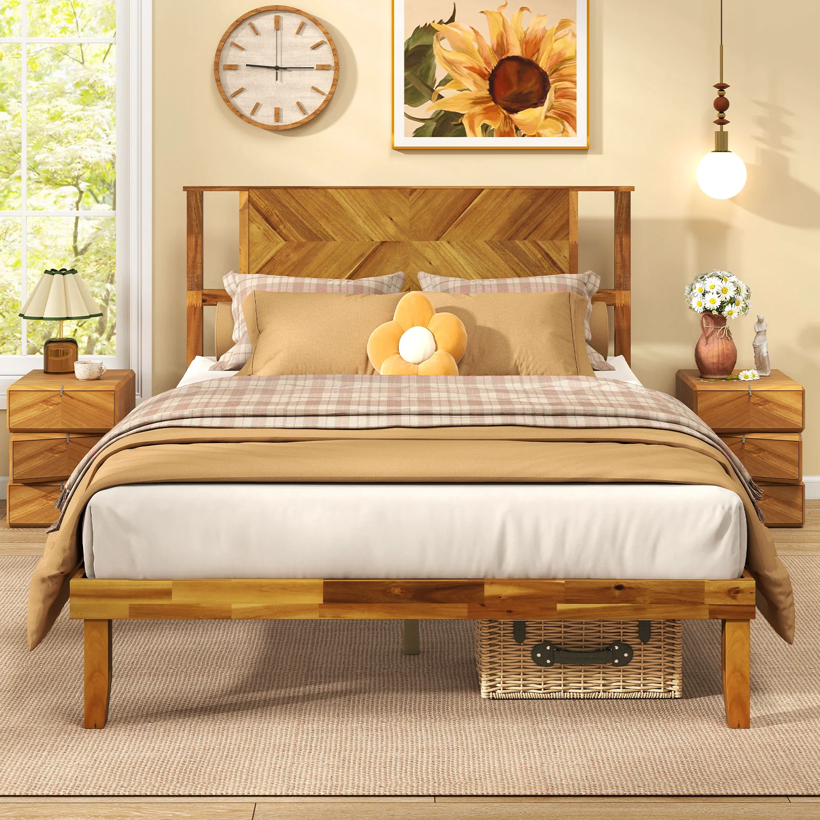 Twin/Full/Queen Size Bed Frame Mid-Century Acacia Wood Platform Bed with Headboard-Full Size - Image 6