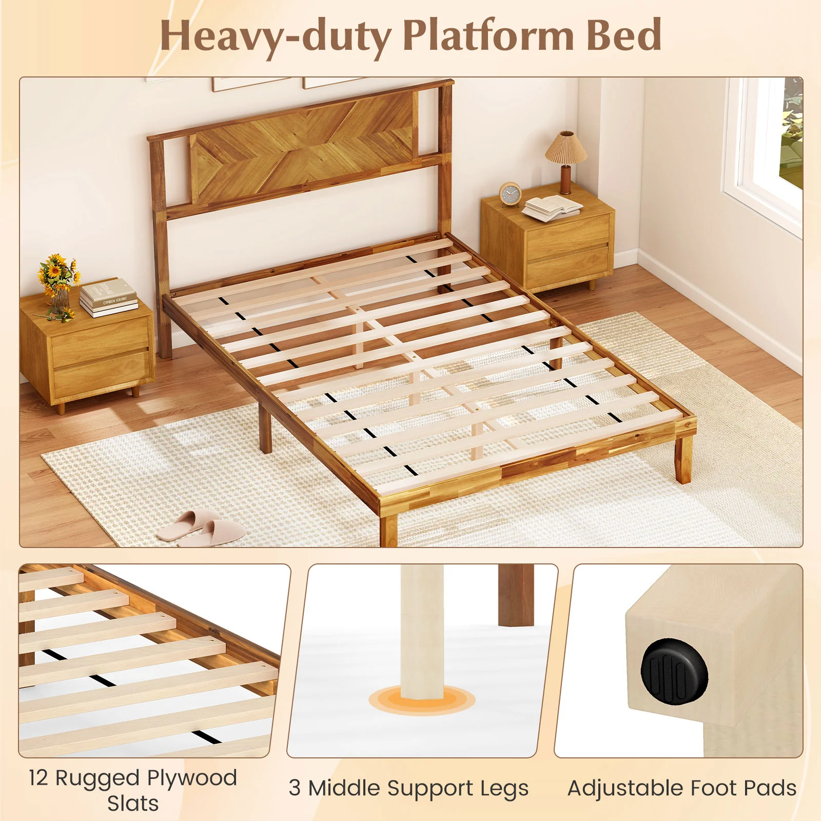 Twin/Full/Queen Size Bed Frame Mid-Century Acacia Wood Platform Bed with Headboard-Full Size - Image 8