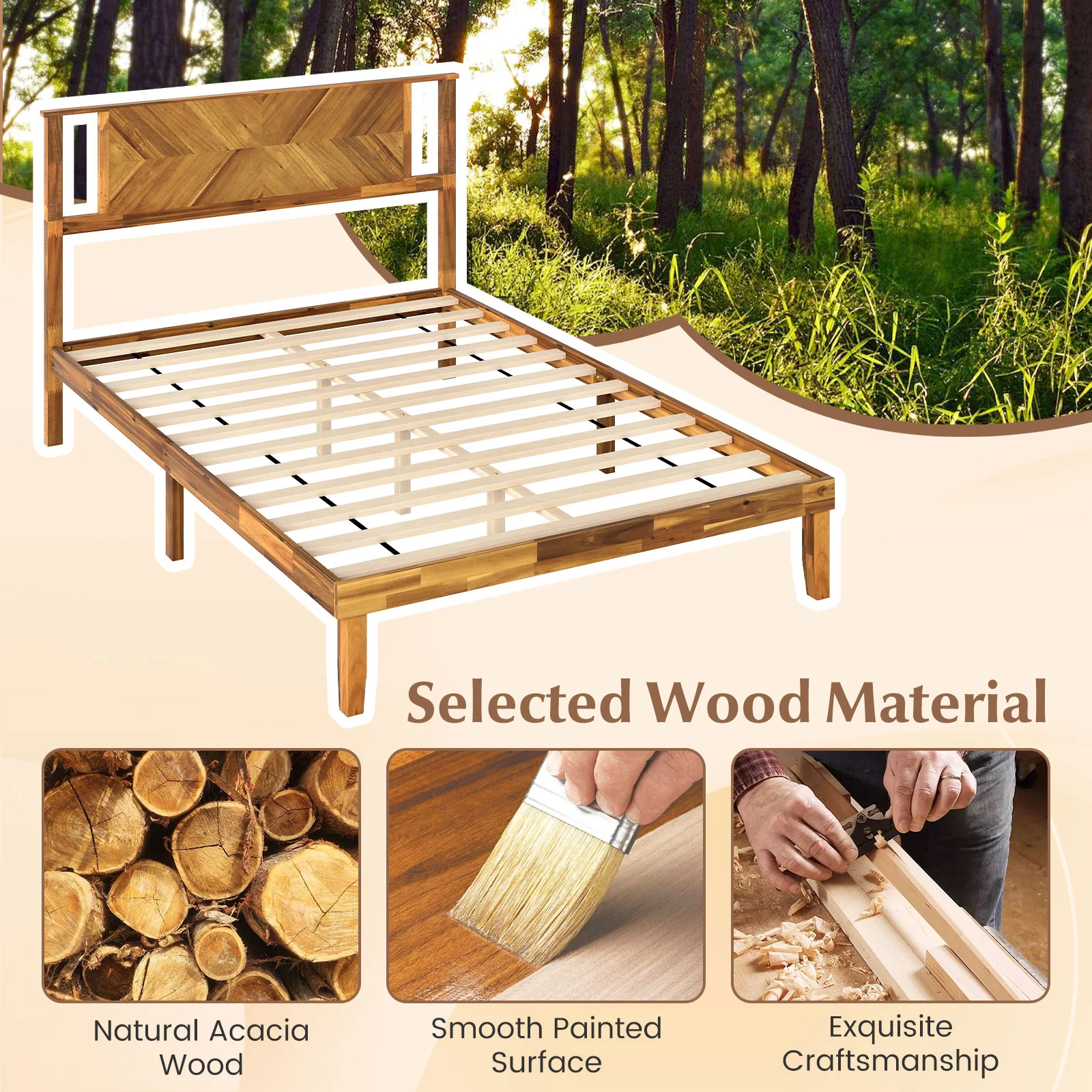 Twin/Full/Queen Size Bed Frame Mid-Century Acacia Wood Platform Bed with Headboard-Full Size - Image 9