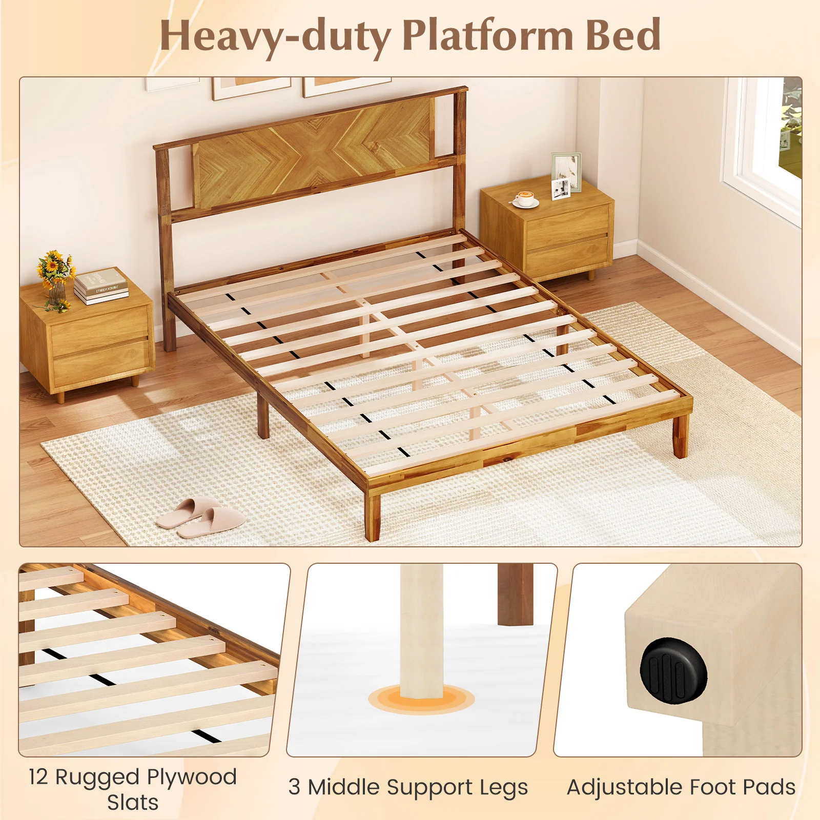 Twin/Full/Queen Size Bed Frame Mid-Century Acacia Wood Platform Bed with Headboard-Queen Size - Image 8