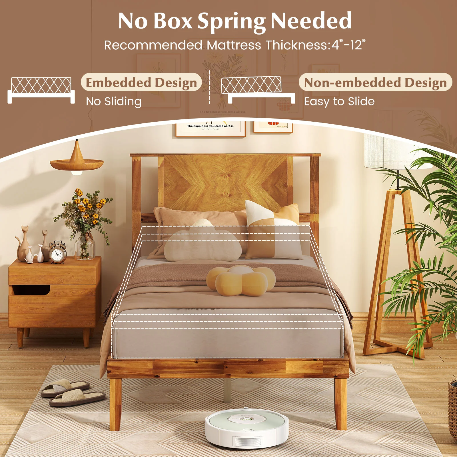 Twin/Full/Queen Size Bed Frame Mid-Century Acacia Wood Platform Bed with Headboard-Twin Size - Image 10